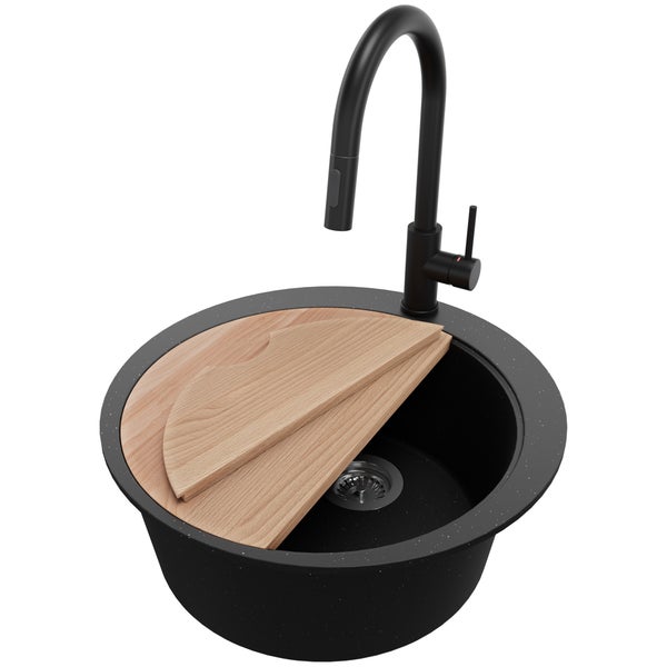 PRIMAGRAN Granitspüle Schwarz Metallic 53x53cm, Spülbecken Rund 1 Becken + Küchenarmatur 40x20cm + Ablauf-Set + Schneidebrett, Küchenspüle ab 50er Unterschrank - Pisa Max