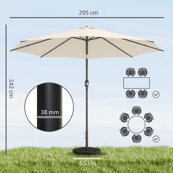 Quadratischer Sonnenschirm, 3 mal 3 Meter, über einem Gartentisch mit vier Personen. Symbole für UV-Schutz, Belüftung und Temperaturminderung.