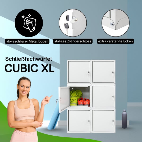 Schließfachwürfel CUBIC XL aus Metall mit sechs Fächern, Zylinderschloss, verstärkten Ecken und abwaschbarem Boden.