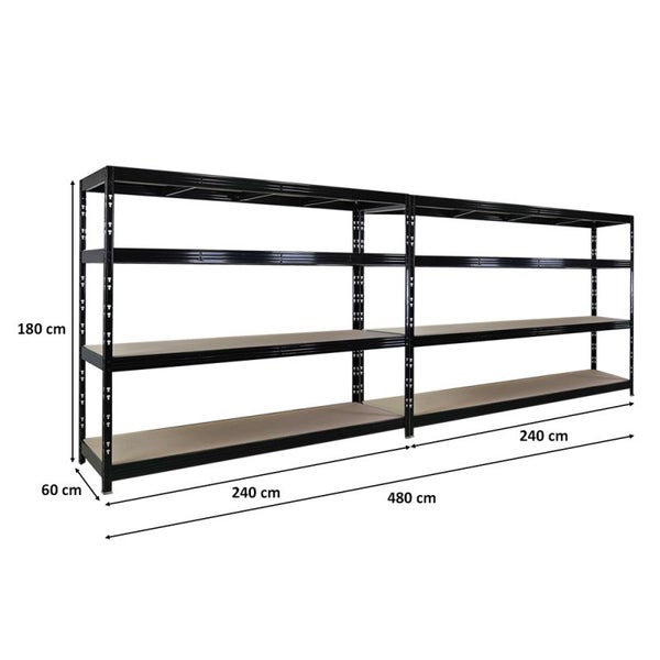 PROREGAL Mega Deal 2x Profi Schwerlastregal Rhino, HxBxT 180x240x60cm, 4 Spanplatten-Ebenen 8mm, Fachlast 450kg, Schwarz