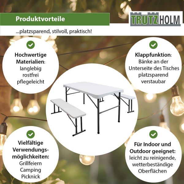 Trutzholm Biertischgarnitur mit Klappfunktion für Garten und Camping, platzsparend verstaubar, wetterbeständig für Indoor und Outdoor.