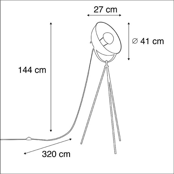 Technische Zeichnung einer Stehlampe mit den Maßen 144 cm Höhe, 27 cm Breite, 41 cm Durchmesser und 320 cm Kabellänge.