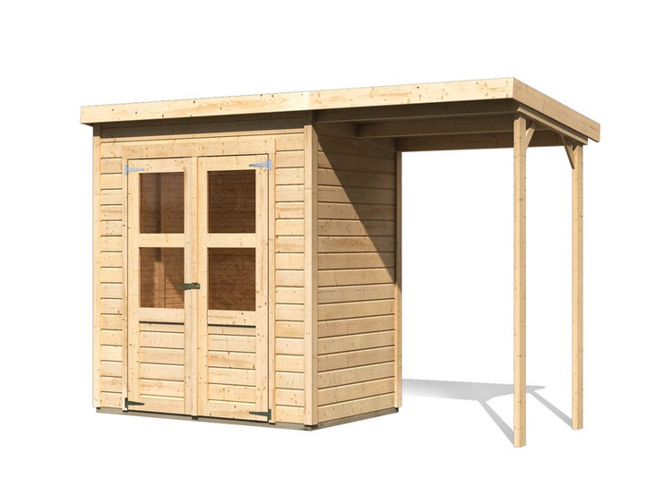 Gartenhaus aus Holz mit Doppeltür, Fenstern und seitlichem Anbaudach. Flachdach-Konstruktion aus Holz.