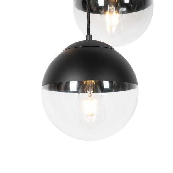Pendelleuchte mit zwei runden Glasschirmen und schwarzer Aufhängung