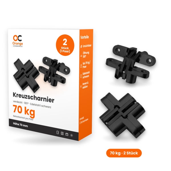 Zwei verdeckte Kreuzscharniere aus Edelstahl mit 70 Kilogramm Tragkraft pro Paar und 180 Grad Öffnungswinkel inklusive Verpackung.
