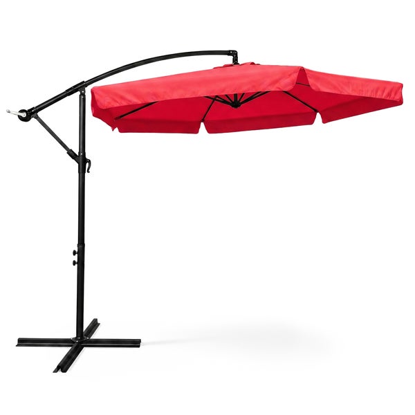 Roter Ampelschirm mit schwarzem Gestell und Standkreuz, inklusive Kurbel für Terrasse und Garten.