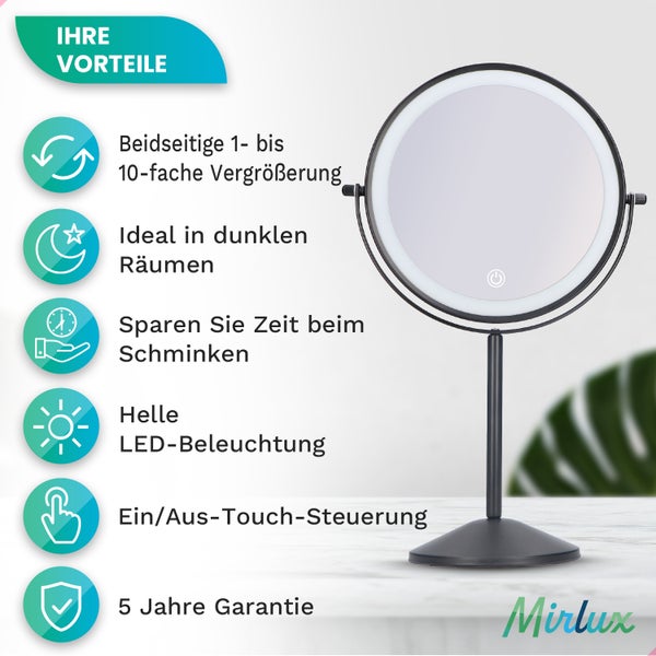 Mirlux Kosmetikspiegel mit LED Beleuchtung 10fache Vergrößerung Rund 3 Lichtstufen Wiederaufladbar  Schwarz