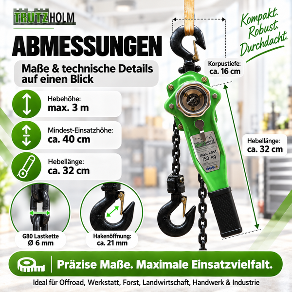Trutzholm Hebelzug mit technischen Spezifikationen wie 750 Kilogramm Tragkraft, 3 Meter Hebehöhe und 6 Millimeter G80 Lastkette.