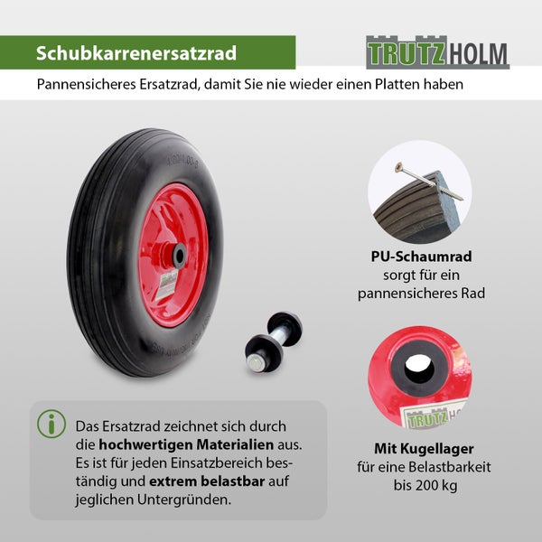 Pannensicheres Trutzholm Schubkarrenersatzrad aus Polyurethan Schaum mit Kugellager und 200 Kilogramm Tragkraft