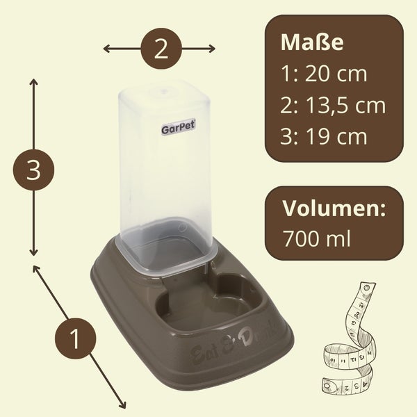 GarPet Futter- und Wasserspender: Tiefe 20 Zentimeter, Breite 13,5 Zentimeter, Höhe 19 Zentimeter. Volumen 700 Milliliter.