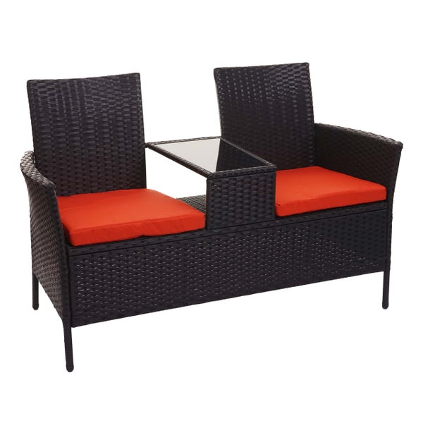 Gartenbank aus Polyrattan, Zweisitzer mit integriertem Glastisch und Sitzkissen.