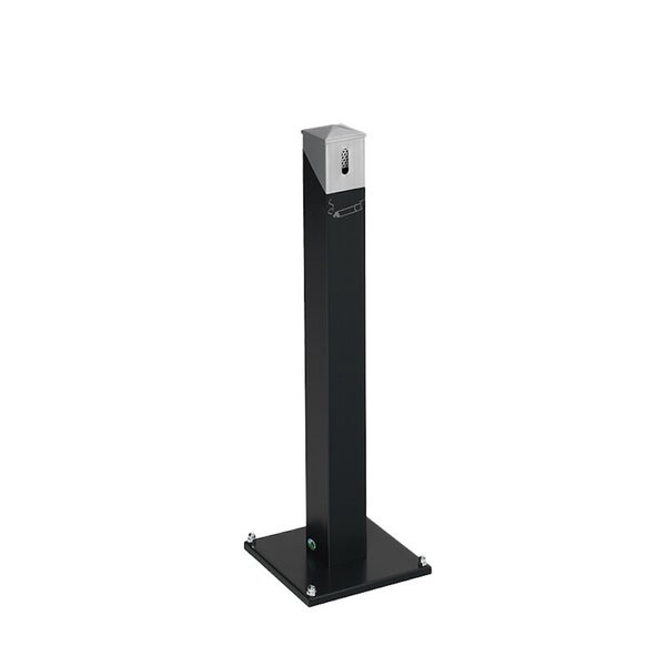 Moderner Standascher aus Metall in Schwarz mit silbernem Oberteil, Zigarettensymbol und quadratischer Bodenplatte.