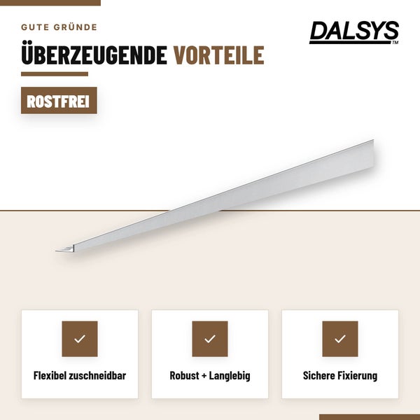 Dalsys Edelstahl Abschlussprofil für Fliesen mit Hinweisen zu rostfreier Eigenschaft, flexibler Zuschneidbarkeit, Robustheit und sicherer Fixierung
