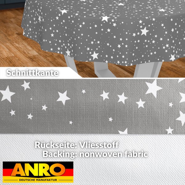 Wachstuch-Tischdecke mit Sternenmuster auf einem Tisch, Detailansicht der Schnittkante und der Rückseite aus Vliesstoff. ANRO Logo.