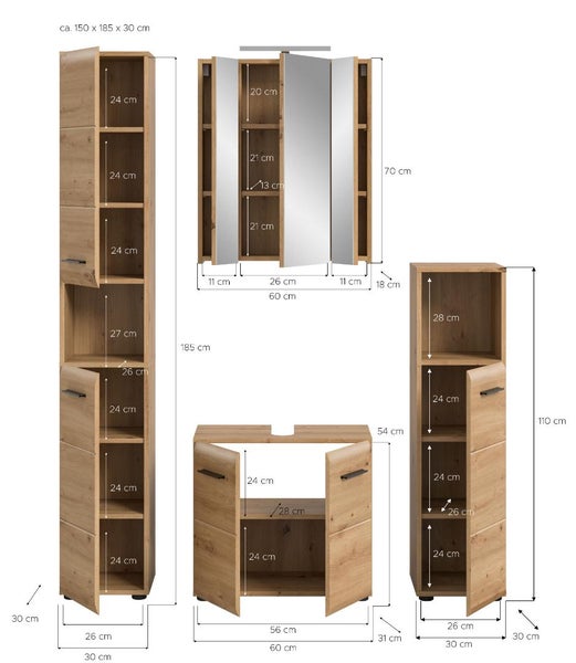 Badezimmermöbel-Set in Eichenoptik mit geöffneten Türen und Maßangaben in Zentimeter für Hochschrank, Spiegelschrank und Waschbeckenunterschrank.