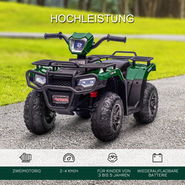 HOMCOM Elektro Kinderquad, mit LED und Musik, für Kinder ab 3 Jahren, 88 x 45 x 50 cm, Kunststoff, Stahl, Schwarz+Grün