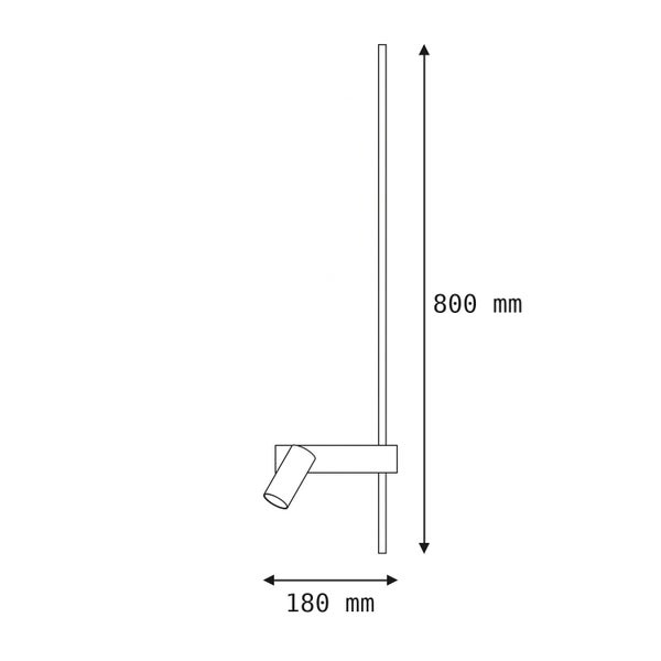 Technische Zeichnung einer Wandleuchte mit 800 Millimeter Höhe und 180 Millimeter Ausladung.
