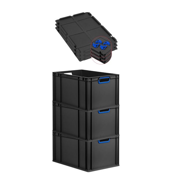 PROREGAL SuperSparSet 3x Eurobox NextGen Color mit Auflagedeckel und Schiebeschnappverschlüsse, HxBxT 32x40x60cm, 65 Liter, Schwarz, Griffe blau offen, Verstärkter Boden, Eurobehälter, Transportbox, Transportbehälter, Stapelbehälter