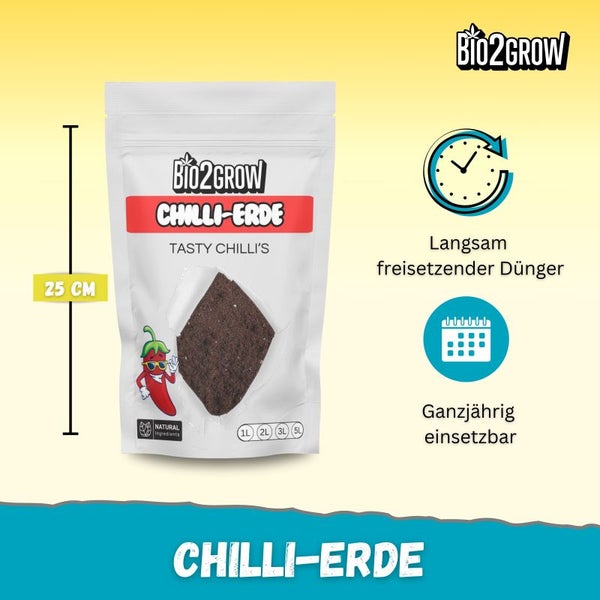 Bio2Grow Chilli-Erde 1 Liter – Spezielle Erde für Chilipflanzen, nährstoffreich & durchlässig – Optimale Drainage, Mykorrhiza & Mikroorganismen für kräftiges Wachstum & scharfe Früchte – 100% biologisch & nachhaltig