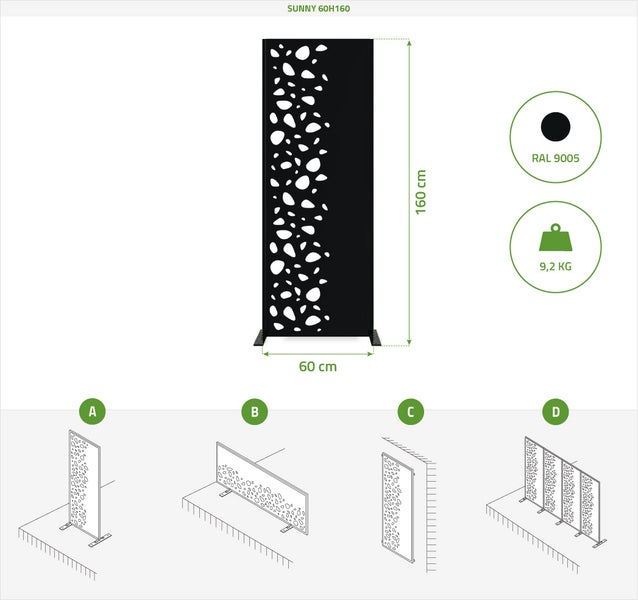 Set mit 3 dekorativen Paneelen SUNNY Schwarz H.160 cm, linke Seite mit Mustern