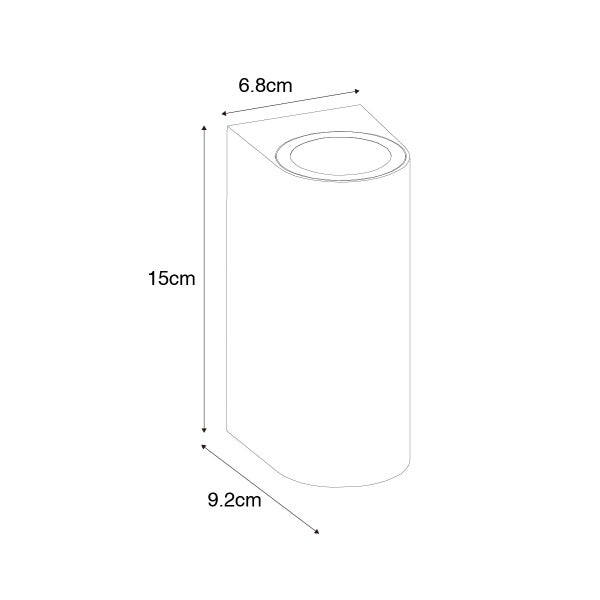 Maßzeichnung einer Wandleuchte mit den Maßen: Höhe 15 Zentimeter, Breite 6,8 Zentimeter, Tiefe 9,2 Zentimeter.