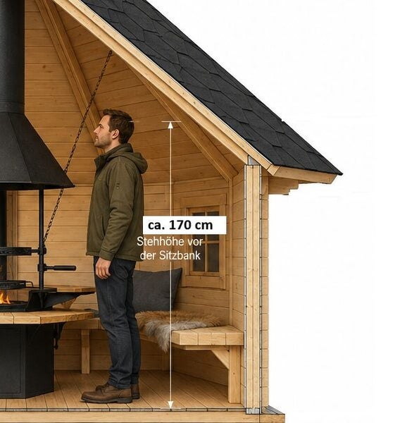 Holz Grillhütte mit Mann als Größenvergleich zeigt eine Stehhöhe von circa 170 Zentimeter vor der Sitzbank im Innenraum.