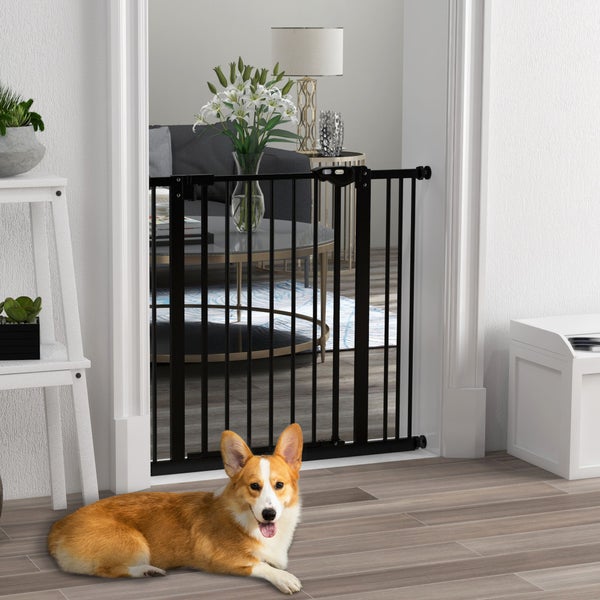 PawHut Türschutzgitter Hunde, Absperrgitter, 74-87 cm, Treppenschutzgitter für Haustier, Hundegitter inkl. Verlängerung, Schutzgitter ohne Bohren, Metall, Kunststoff, Schwarz