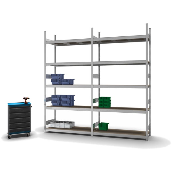 PROREGAL Weitspannregal Stecksystem T-Profil Grundregal HxBxT 300x150x50 cm 5 Ebenen Spanplatten Fachboden Fachlast 350 kg Verzinkt