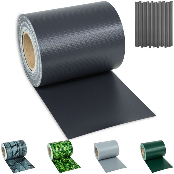 Sichtschutzstreifen auf Rolle für Doppelstabmattenzäune aus Polyvinylchlorid mit Gewebestruktur in verschiedenen Designs.