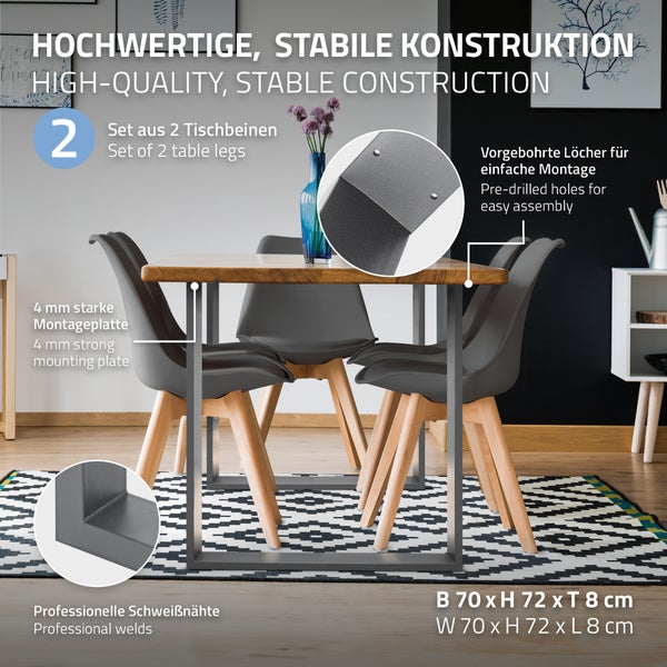 ECD Germany 2X Tischbeine aus Vierkantprofilen 80x40 mm, Tischgestell 70 x 72 cm, Grau, pulverbeschichtete Stahl, Industriedesign, Metall Tischuntergestell Möbelfüße, für Esstisch Schreibtisch