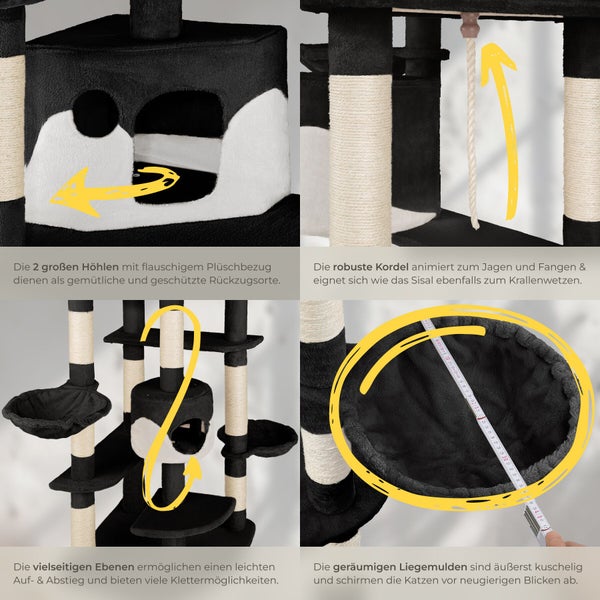 Detailansicht eines Katzenkratzbaums mit Höhlen, Kordel, Ebenen und Liegemulden zur Beschäftigung und zum Ausruhen