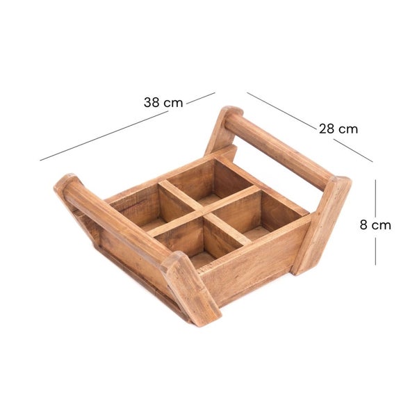 Holzkiste mit 4 Fächern und Tragegriffen, Maße 38 Zentimeter mal 28 Zentimeter mal 8 Zentimeter.