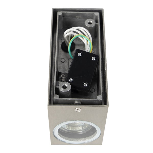 Rückansicht einer rechteckigen Wandaußenleuchte aus Metall mit integrierter Anschlussdose und Verkabelung.