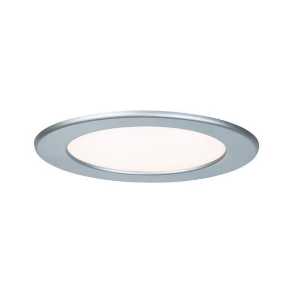 LED Einbaustrahler mit silberfarbenem Rahmen und schwarzem Transformator