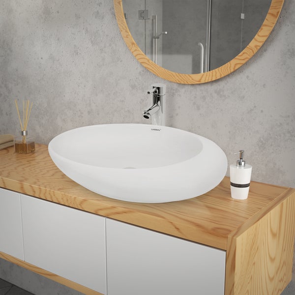 ECD Germany Waschbecken Waschtisch 585x375x145 mm aus Keramik Weiß inkl. Ablaufgarnitur für Waschbecken ohne Überlauf Aufsatzbecken Aufsatzwaschbecken Aufsatzwaschtisch Waschschale Spülbecken Becken
