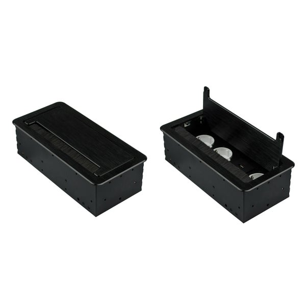 Einbau Steckdosenleiste mit Klappdeckel für den Schreibtisch, rechteckiges Gehäuse mit integrierten Steckplätzen und USB Anschlüssen.