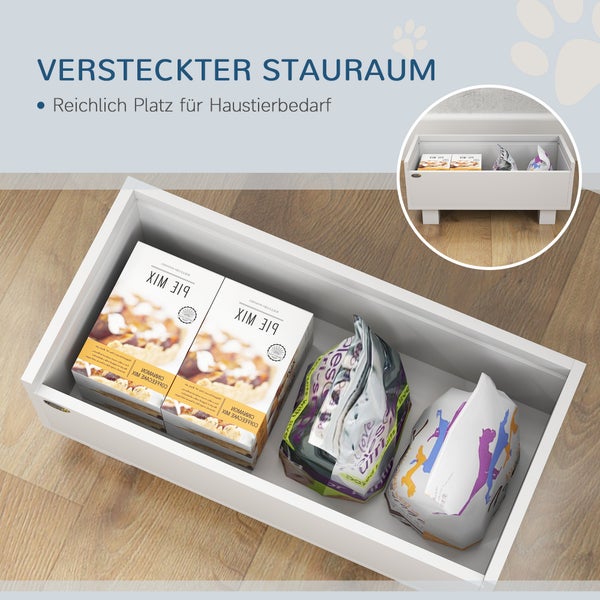 PawHut Hundenapf erhöht, Höhenverstellbar Futternapf für Hunde mit Stauraum, 2 x 1L Edelstahl-Schüsseln, Fressnapf mit Anti-Schling-Matte, für mittelgroße Hunde, Weiß