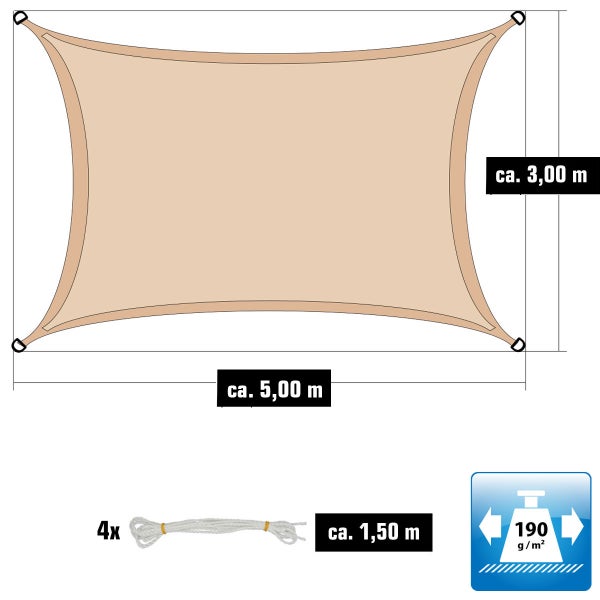 AMANKA 3x5m Sonnensegel Rechteckig Wasserdicht - Rechteck Sonnenschutz Segel mit Befestigung - Beige