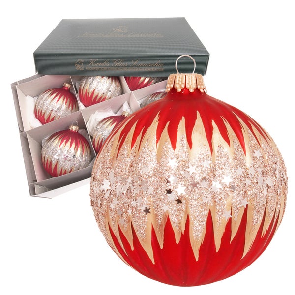 Riffelkugeln mit Glitter & Sternen, Rot & Gold Satin, 8cm, 6 Stck., Weihnachtsbaumkugeln, Christbaumschmuck, Weihnachtsbaumanhänger