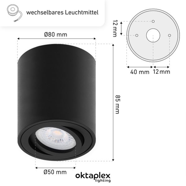 Aufbauspot Schwarz 3000K Warmweiß 6 Stück Aufputz Leuchte 3-stufig dimmbar LED Modul 4,8W 380 Lumen Alu Schwenkbar