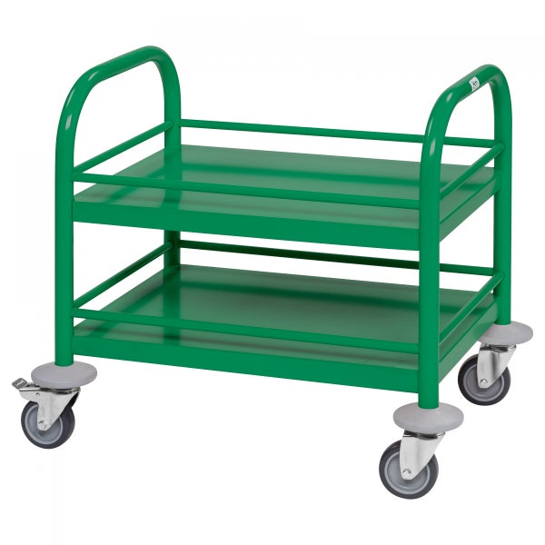 Grüner Transportwagen mit zwei Ablageflächen und vier Rollen