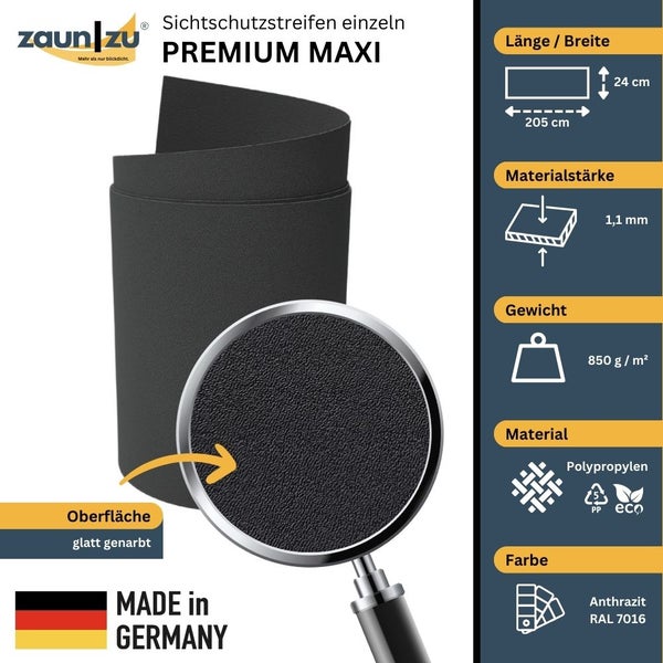 Blickdicht Zaun Streifen Premium Maxi aus Polypropylen, Maße 205 cm x 24 cm, Gewicht 850 g pro Quadratmeter, Materialstärke 1,1 mm, Farbe Anthrazit, hergestellt in Deutschland