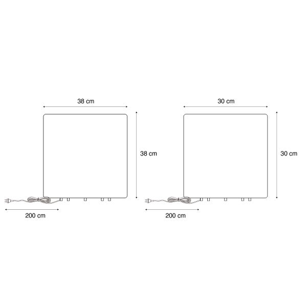 Skizze von zwei quadratischen Paneelen mit Maßen: 38 mal 38 Zentimeter und 30 mal 30 Zentimeter, jeweils mit 200 Zentimeter langem Kabel.