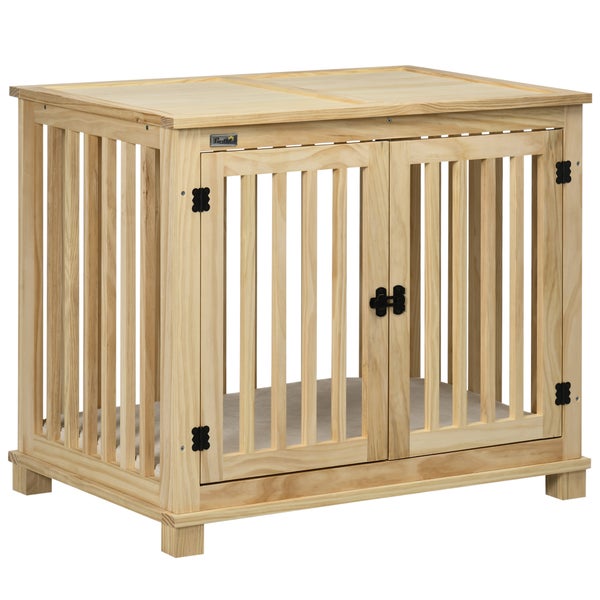 Pawhut Hundekäfig, Tierkäfig aus Holz, Haustierkäfig für mittelgroße Hunde, Hundehütte mit Kissen, Hundebox, Indoor, Naturholz+Cremeweiß, 82,5 x 57 x 72 cm