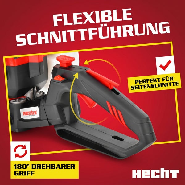 Hecht Heckenschere mit um 180 Grad drehbarem Griff für flexible Schnittführung und Seitenschnitte. Hecht Logo.