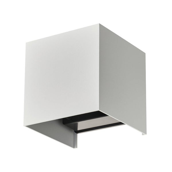 Weiße würfelförmige Wandleuchte aus Metall für Innen- und Außenbereiche.