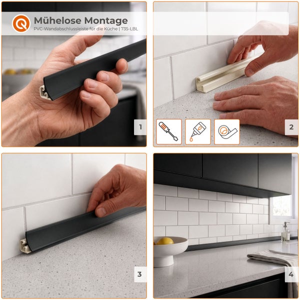 Schritt für Schritt Montageanleitung für eine PVC Wandabschlussleiste in einer Küche mit Arbeitsplatte und Fliesenspiegel.