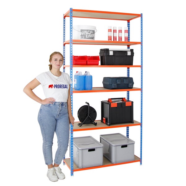 PROREGAL Schwerlastregal Giant Muli HxBxT 250 x 80 x 30 cm 6 Fachböden Fachlast 150 kg Blau-Orange