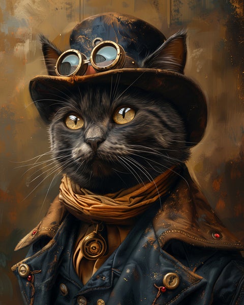 Katze im Steampunk-Stil mit Hut, Brille und Jacke