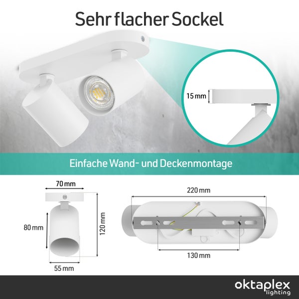LED-Strahler, Sockel 15 Millimeter, Maße 220 mal 120 Millimeter, Wand- und Deckenmontage, oktaplex lighting Logo.
